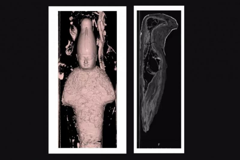 Mumyaların biri Osiris, diğeri de Horus adlı tanrıları temsil eden lahitlere yerleştirilmiş (Rambam Health Care Campus).jpg