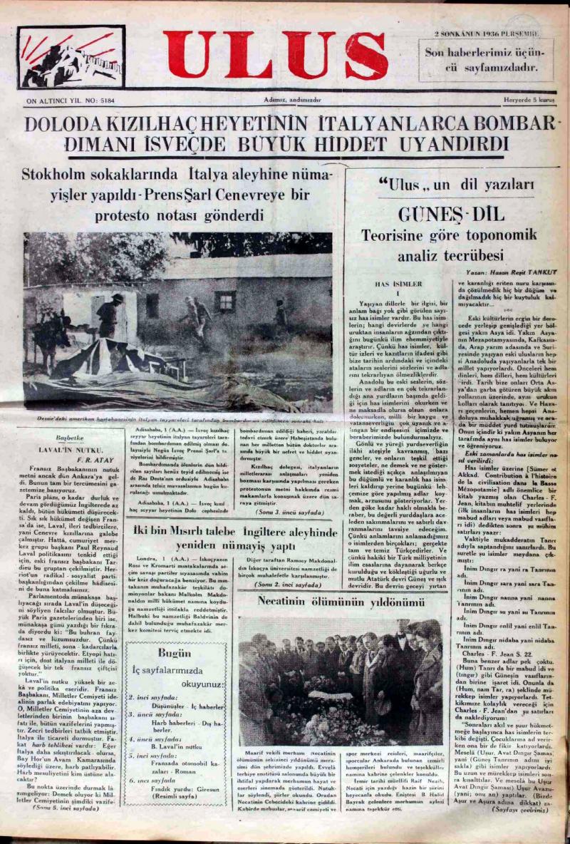 H.Reşit Tankut'un Ulus gazetesinde Güneş-Dil Teoirisi üzerine yazdığı makale, 1936-01-02-0.jpg