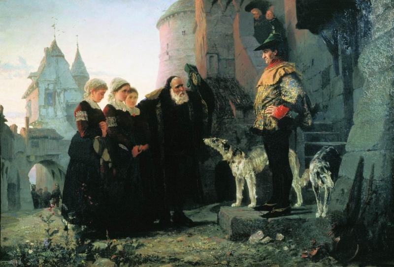 Yaşlı adam fedoal genç kızlarını Yörenin ağasına takdim ediyor, Vasiliy Polenov tablosu, 1874.jpg