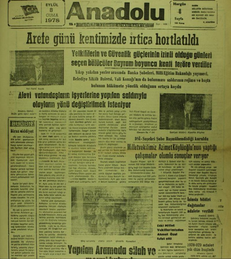 1978 tarihli Sivas'taki Anadolu Gazetesi şehirde Alevi- Sünni gerginliğini haber yapmış.JPG