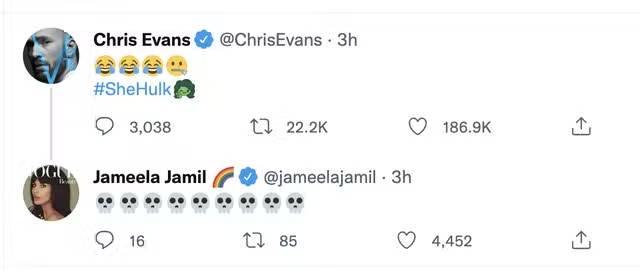 Chris Evans ve Jameela Jamil, She-Hulk'ın ilk bölümünün ardından tweet attı (Twitter)