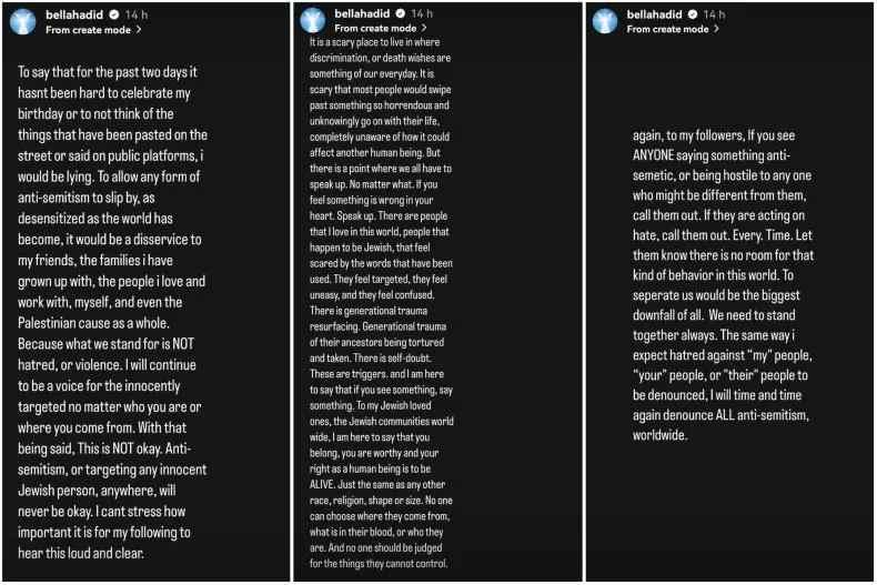 Bella Hadid, açıklamasını üç ayrı Instagram hikayesi olarak paylaştı (Instagram / Bella Hadid)