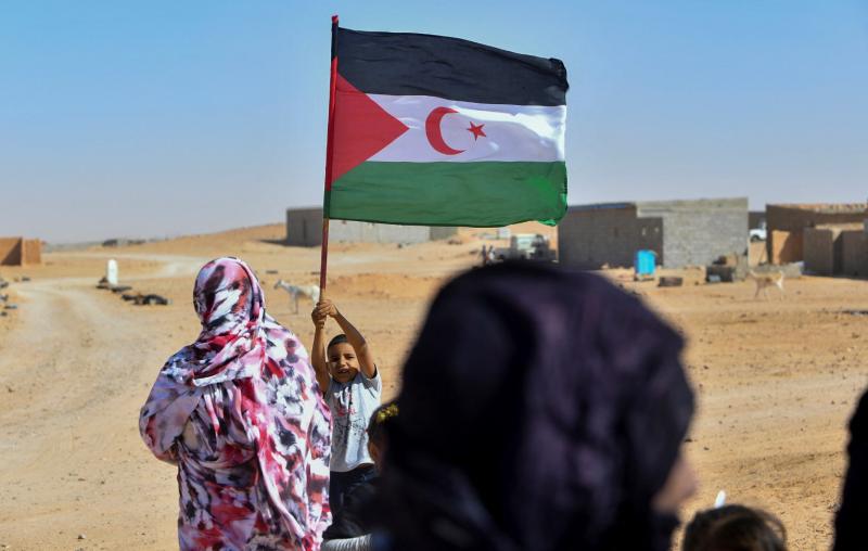 Cezayir'in güneybatısındaki Tindouf şehrinin banliyösündeki Awsard (Evserd) mülteci kampında Sahra Arap Cumhuriyeti bayrağını dalgalandıran bir çocuk.jpg