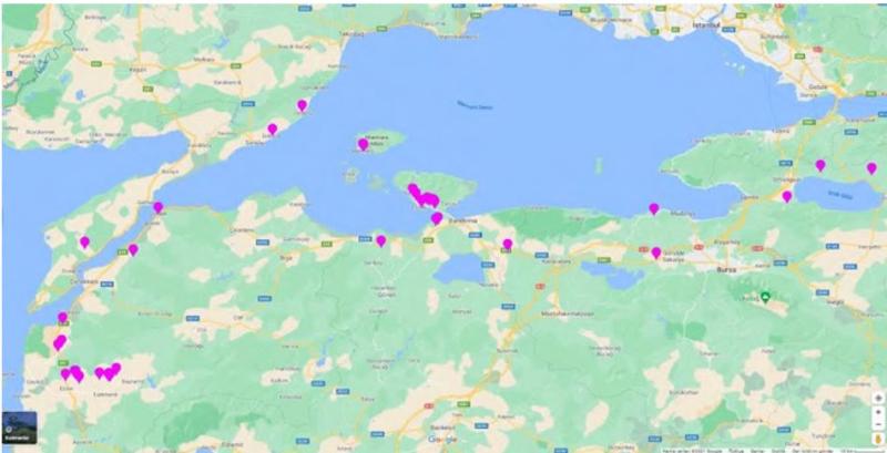 Şekil 1. Marmara Havzası'ndaki zeytinyağı üretim tesisleri