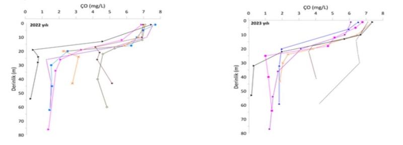 Şekil 1. Marmara Denizi’nde çeşitli noktalarda çözünmüş oksijen (ÇO) değeri 