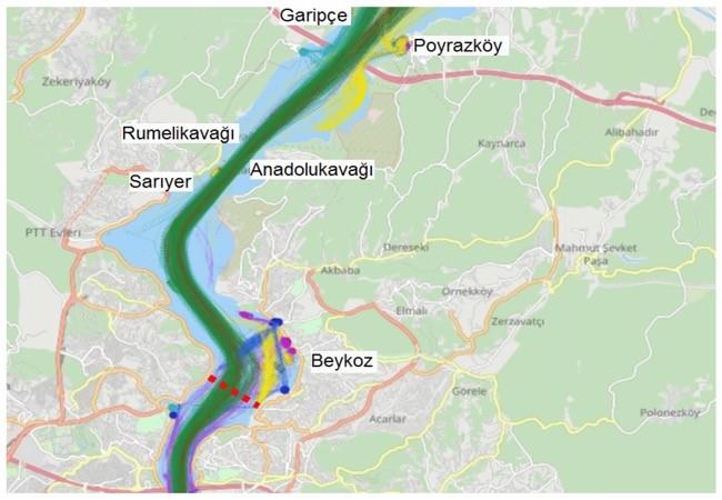 Şekil 4. Yeşil, kırmızı, sarı, mavi ve mor izler sırasıyla kargo gemilerini, tankerleri, balıkçı gemilerini, yolcu gemilerini ve diğer gemi tiplerini gösteriyor