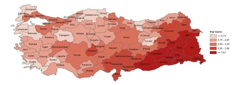 Şekil 1. Türkiye’de hane halkı büyüklüğü (TÜİK, [*Türkiye ortalaması 3,14 kişi]), 2023.